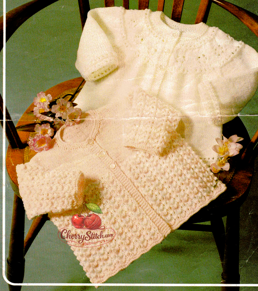 Baby cardigan and matinee coat – restored vintage 1970s knitting pattern, lacy pattern yoke, worked in one piece to armholes, 4-ply or DK, 16''–18'', birth–6 months