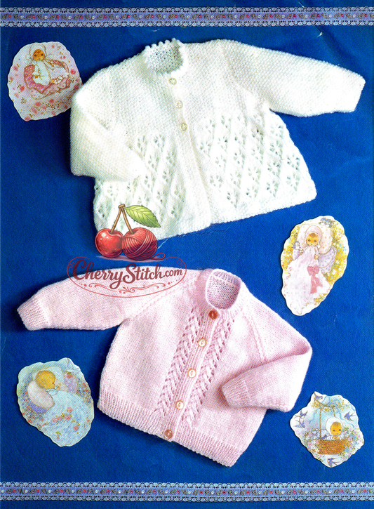 Vintage 1980s baby lace raglan cardigan and matinee coat knitting pattern – 2 designs, DK, 3 sizes 18''–20''