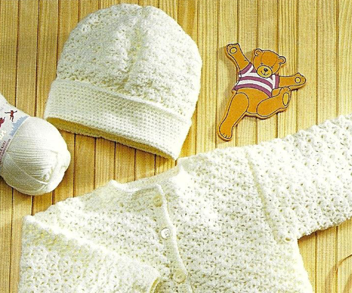 Close-up of crocheted baby hat – restored vintage 1990s baby set crochet pattern