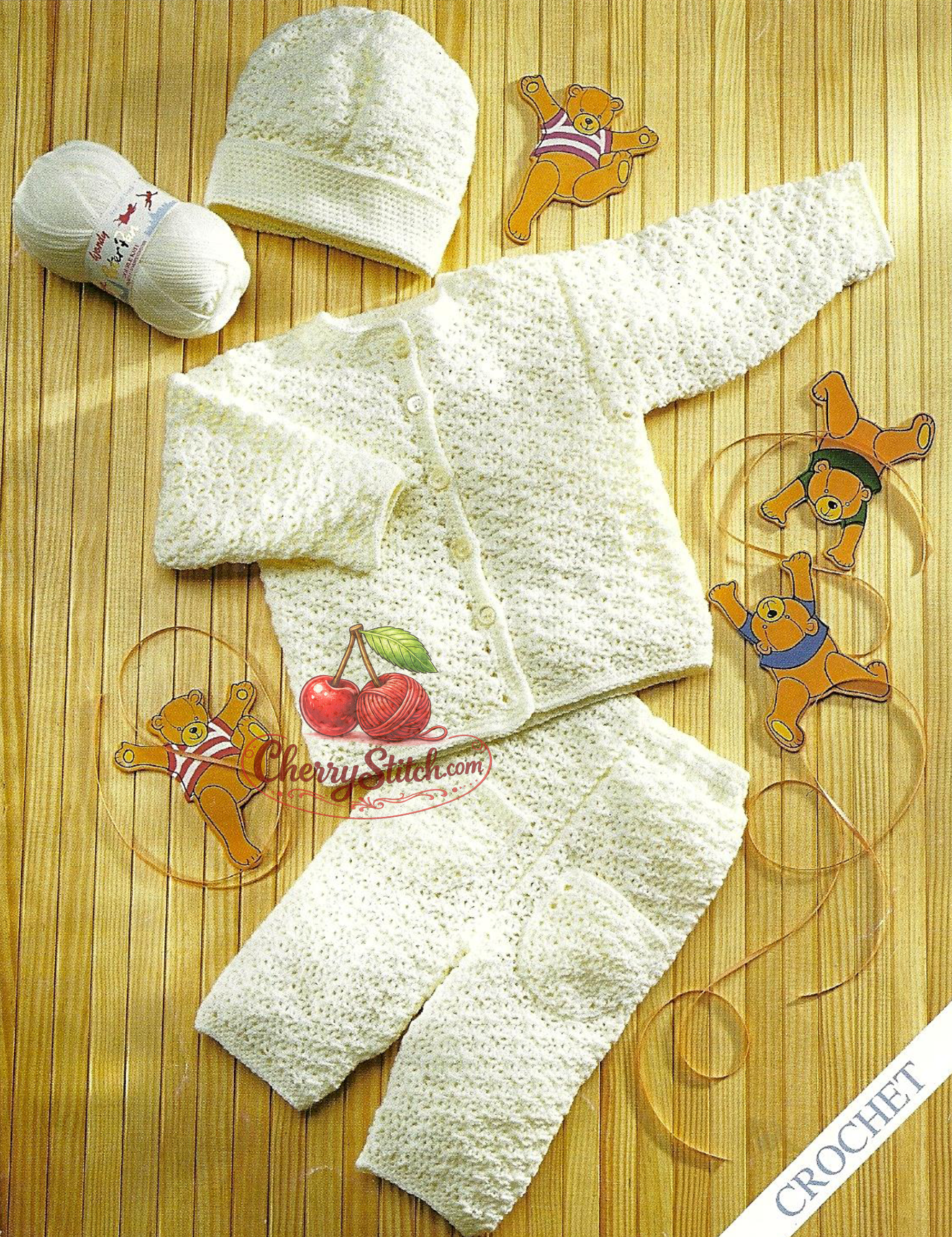 Vintage 1990s baby crochet set pattern – lacy round neck cardigan, trousers and hat in 6 sizes, DK