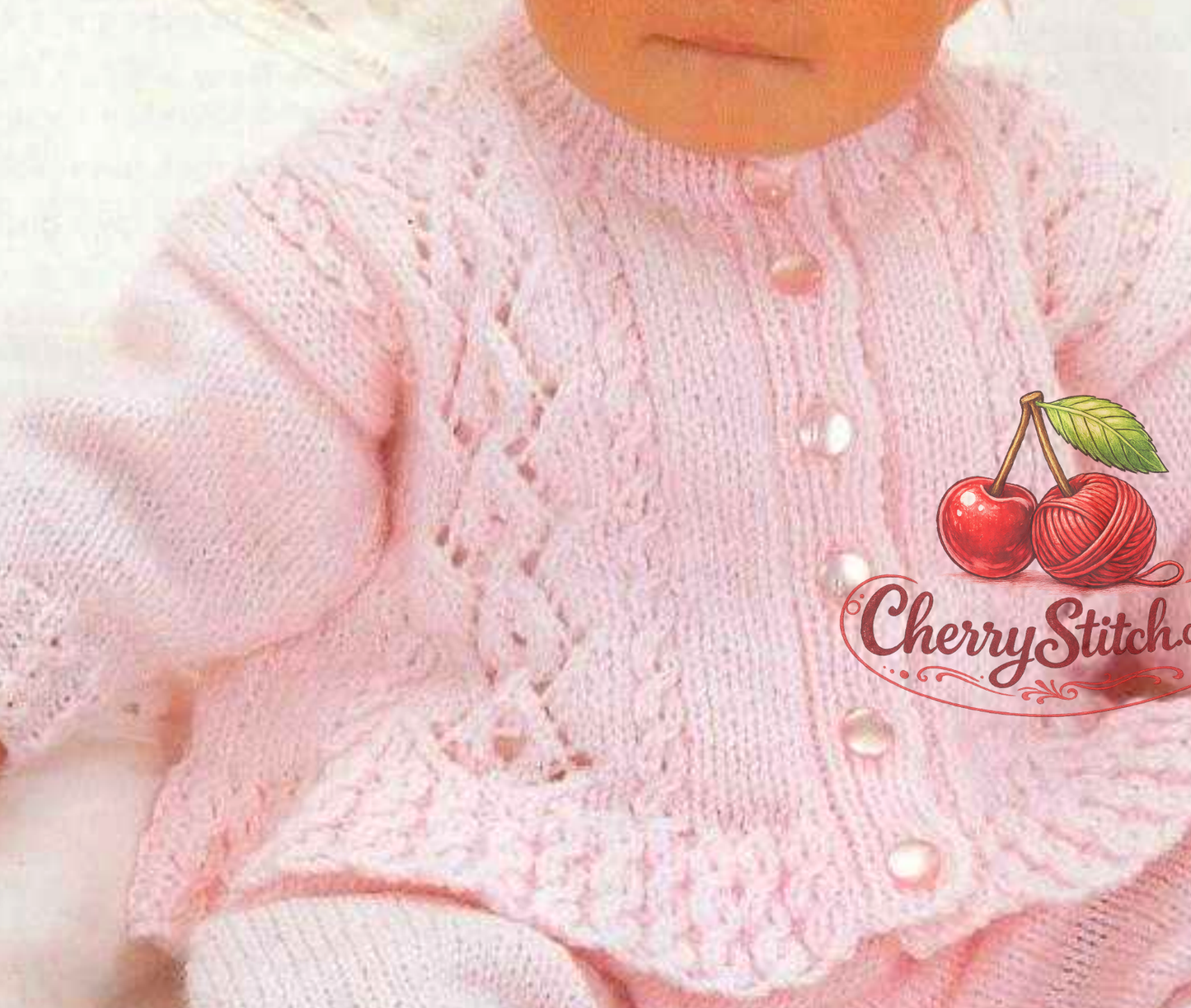 Close-up of vertical cable and lace front panels on button-up drop shoulder cardigan – restored vintage 1980s baby knitting pattern in DK