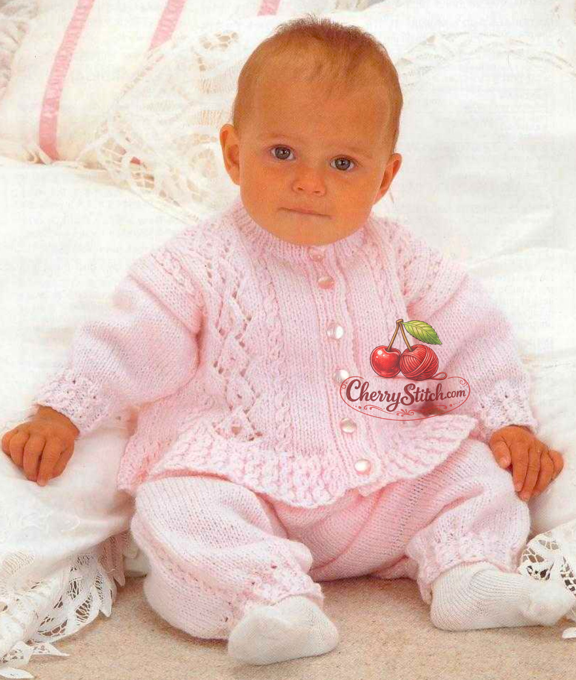 Baby cardigan and trousers set – restored vintage 1980s knitting pattern, button-up drop shoulder cardigan with vertical cable and lace front panels, DK, 16''–22'', 0–3 years