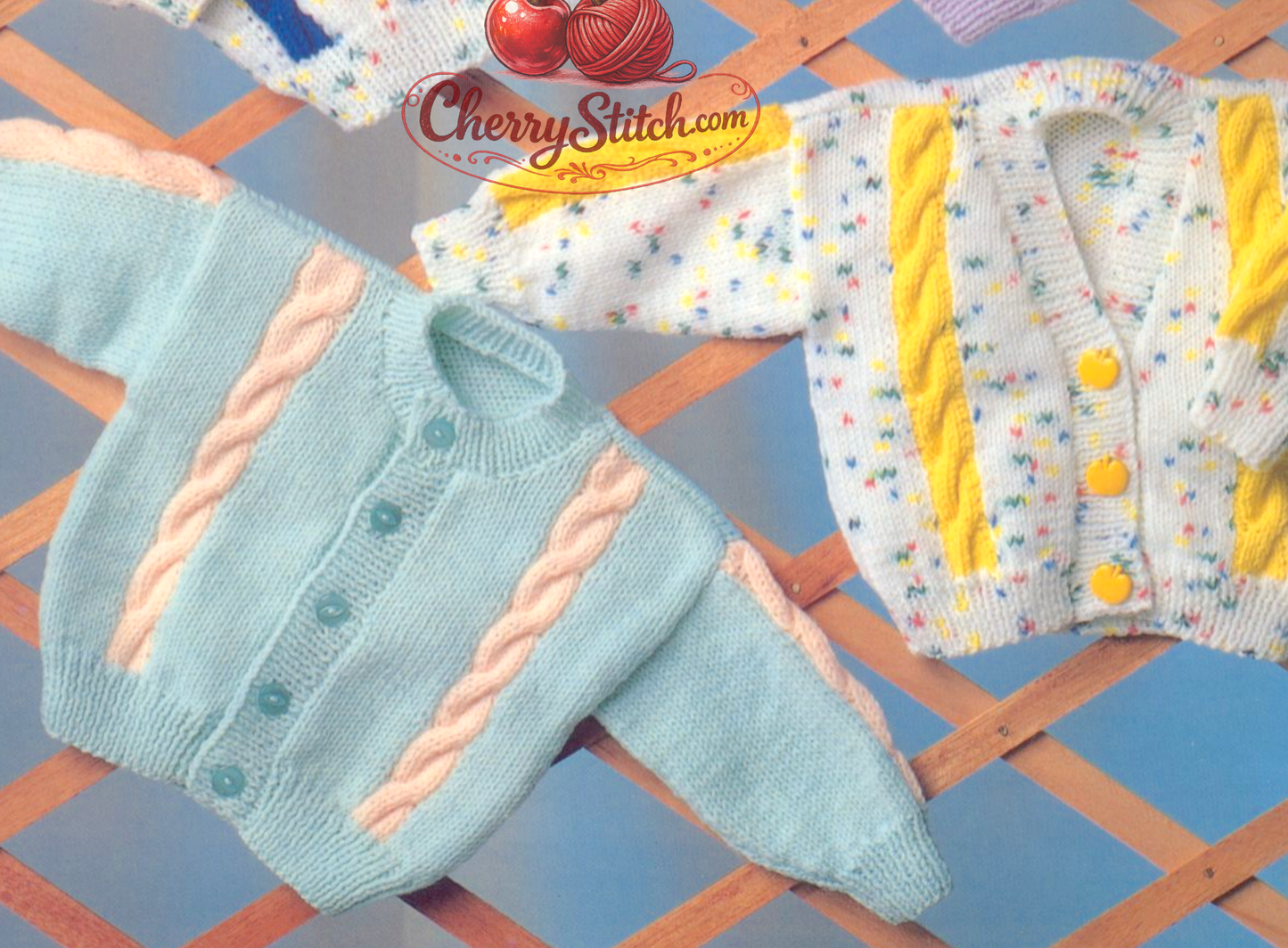 Close-up of cable panel on baby cardigan – restored vintage 1980s crew neck and V-neck cardigan knitting pattern in DK