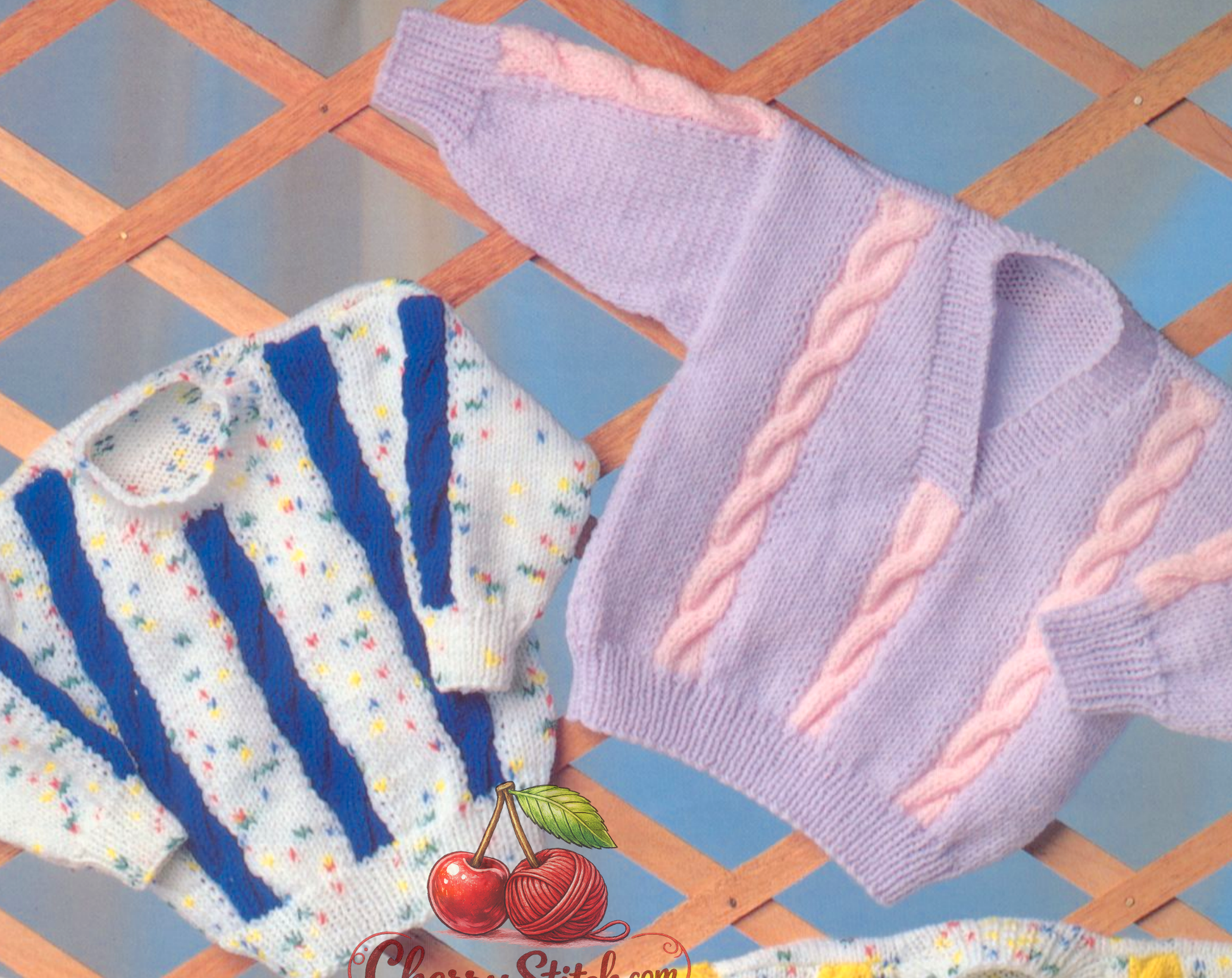 Close-up of cable panel on baby jumper – restored vintage 1980s crew neck and V-neck jumper knitting pattern in DK
