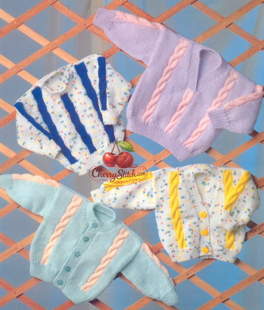 Vintage 1980s baby cardigans and jumpers knitting pattern – 4 cable designs, crew neck and V-neck, DK, 4 sizes 16''–22''