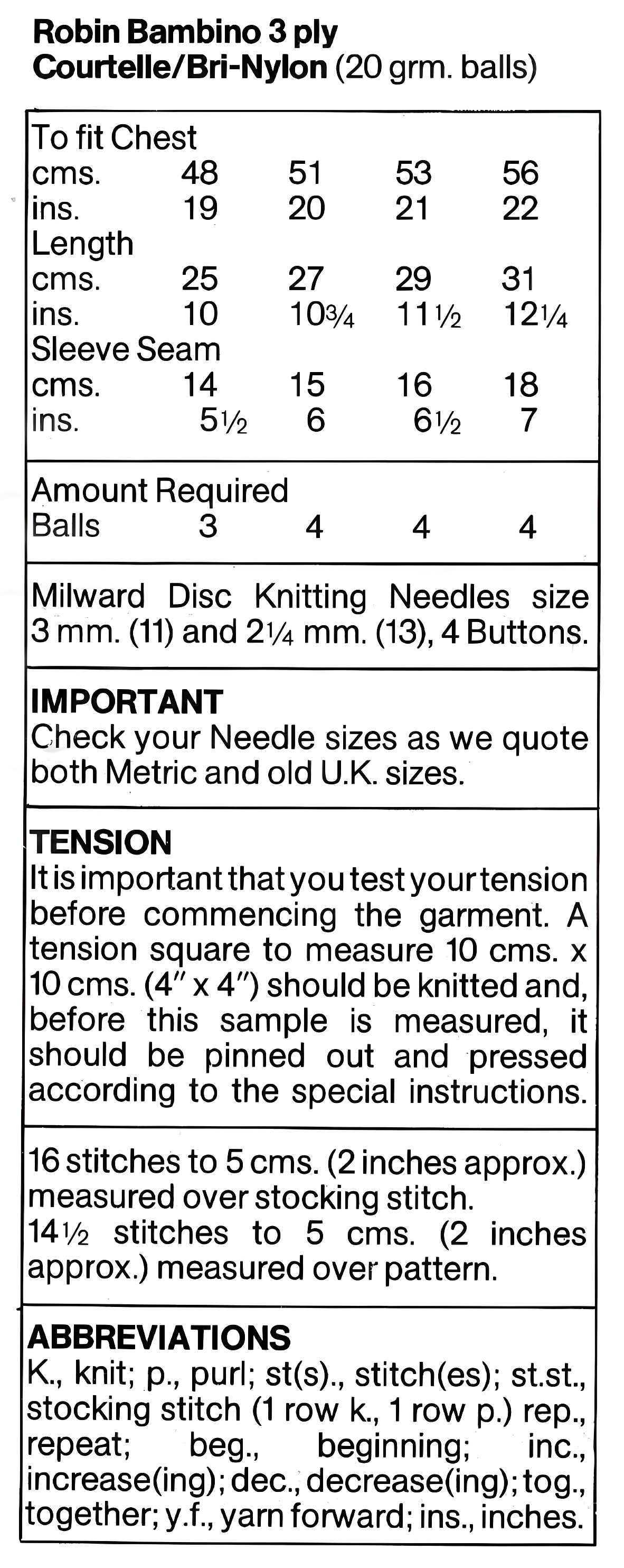 Materials, tension, yarn requirements and measurements for vintage 1970s two V-neck raglan baby cardigans knitting pattern in 3-ply