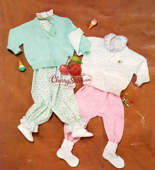 Vintage 1970s baby cardigans knitting pattern – two V-neck raglan designs, plain and lace front, 3-ply, 4 sizes 19''–22''