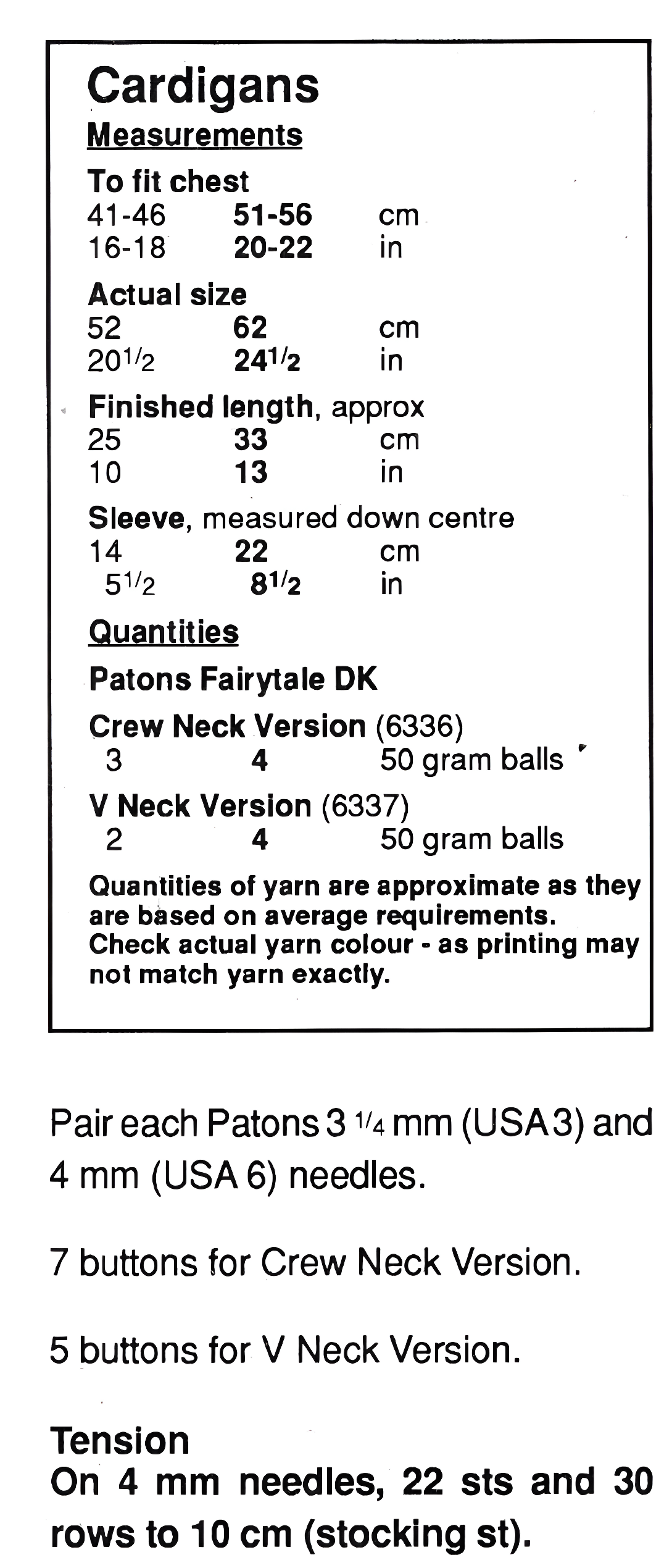 Materials and measurements for baby cardigans vintage 1980s knitting pattern – round-neck and V-neck raglan DK, birth to 24 months