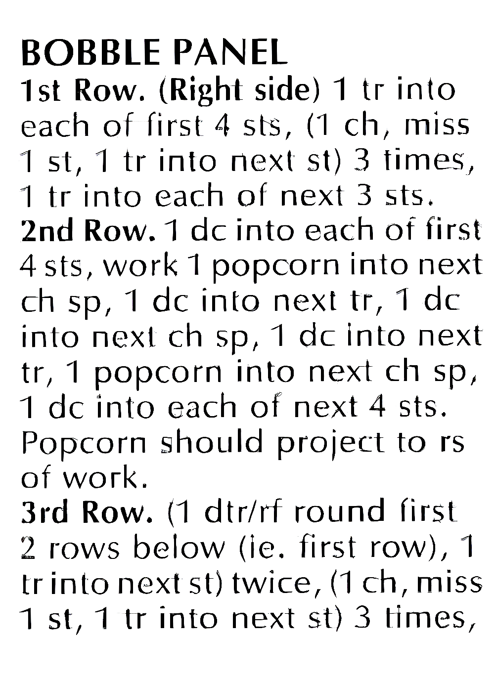 Close-up of bobble stitch panel written instructions – vintage 1980s baby child sweater crochet pattern