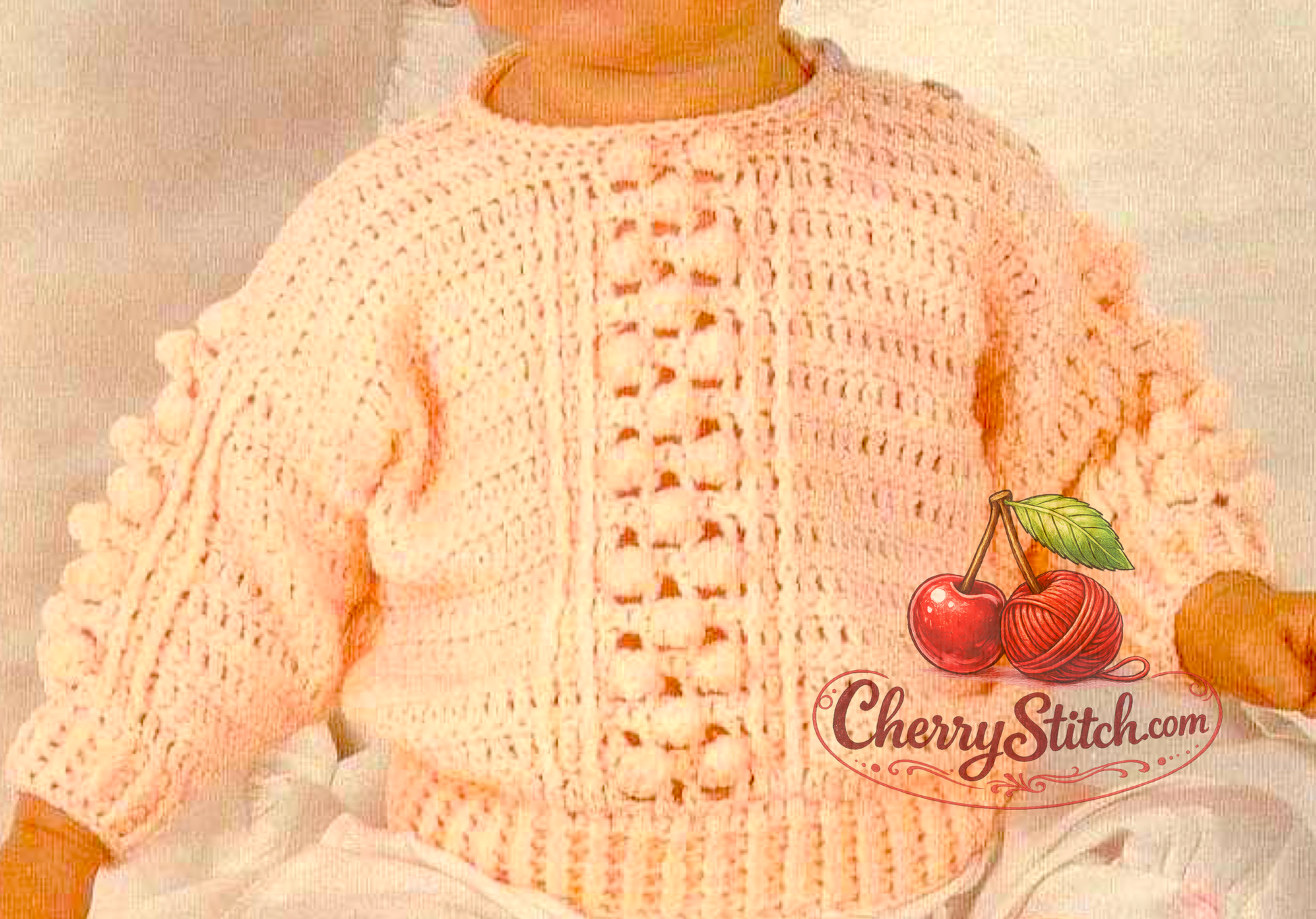 Close-up of crocheted baby child bobble panel sweater – restored vintage 1980s pattern in UK crochet terms