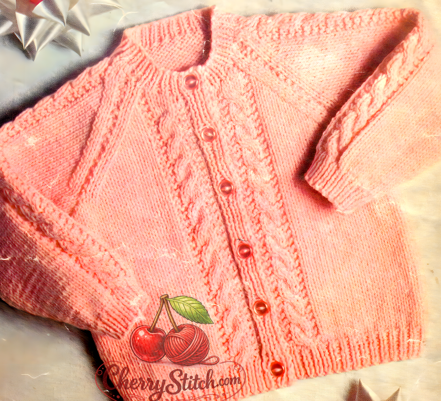Close-up of knitted baby child cable raglan cardigan with cable panels on front and sleeves – restored vintage 1970s pattern