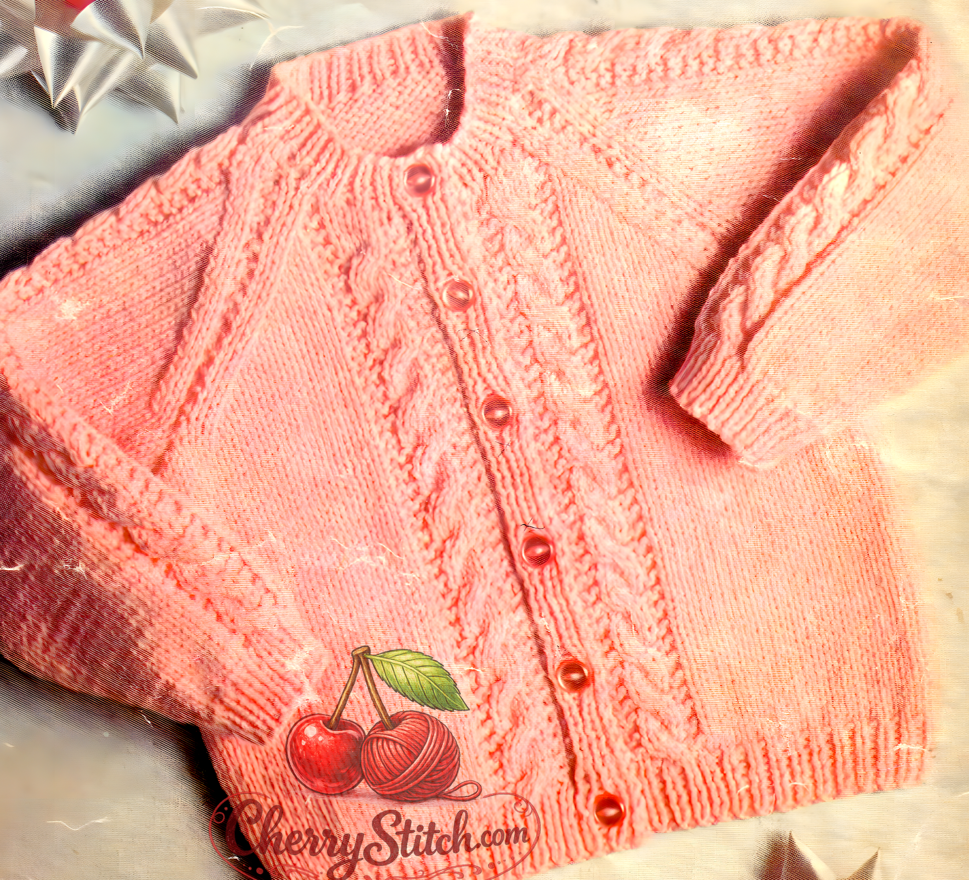 Close-up of knitted baby child cable raglan cardigan with cable panels on front and sleeves – restored vintage 1970s pattern