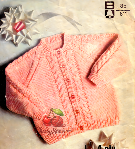 Vintage 1970s baby and child cable raglan cardigan knitting pattern – cable panels on front and sleeves, DK and 4-ply