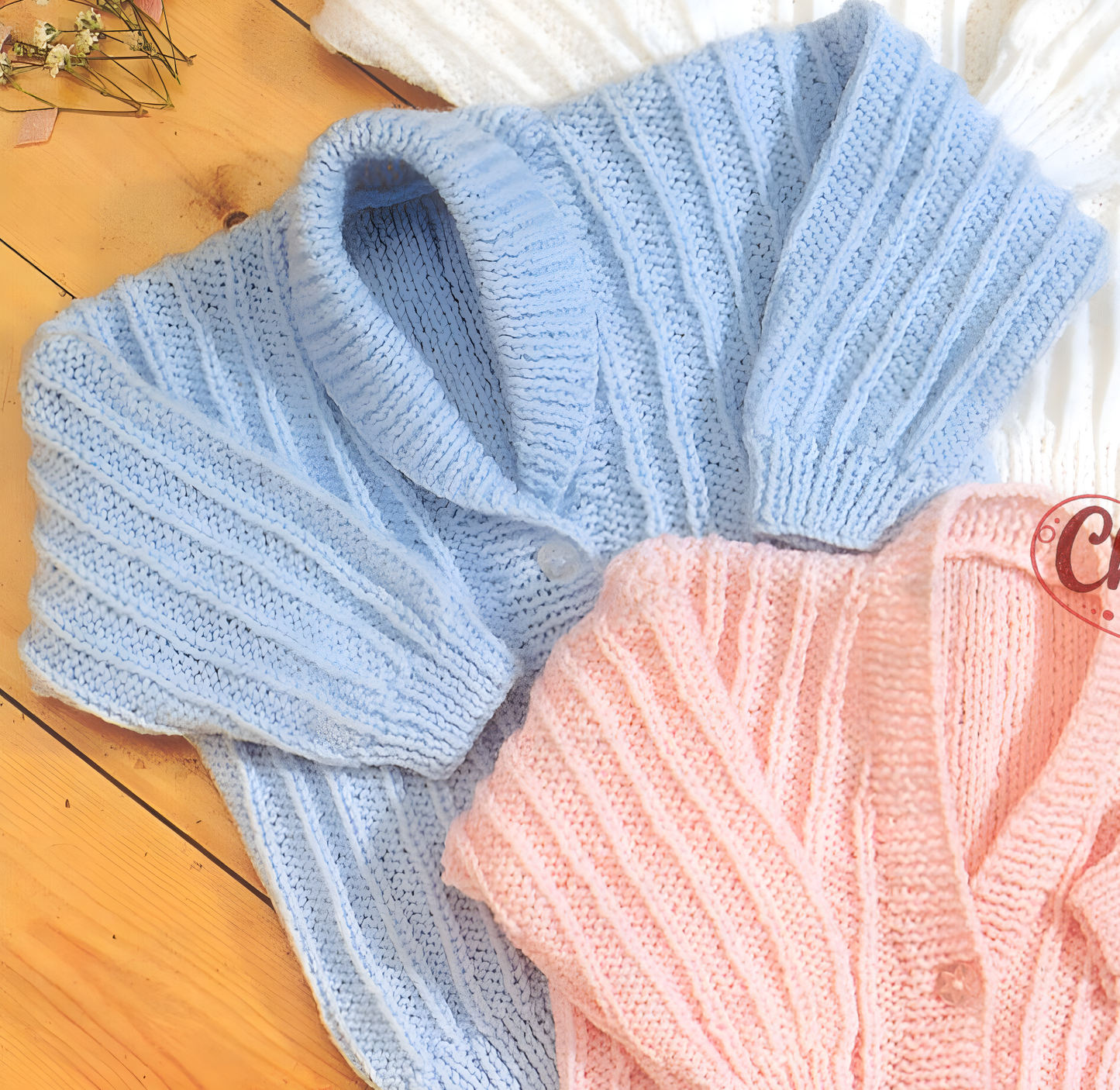 Close-up of knitted baby and child blue shawl collar cardigan – restored vintage 1980s pattern