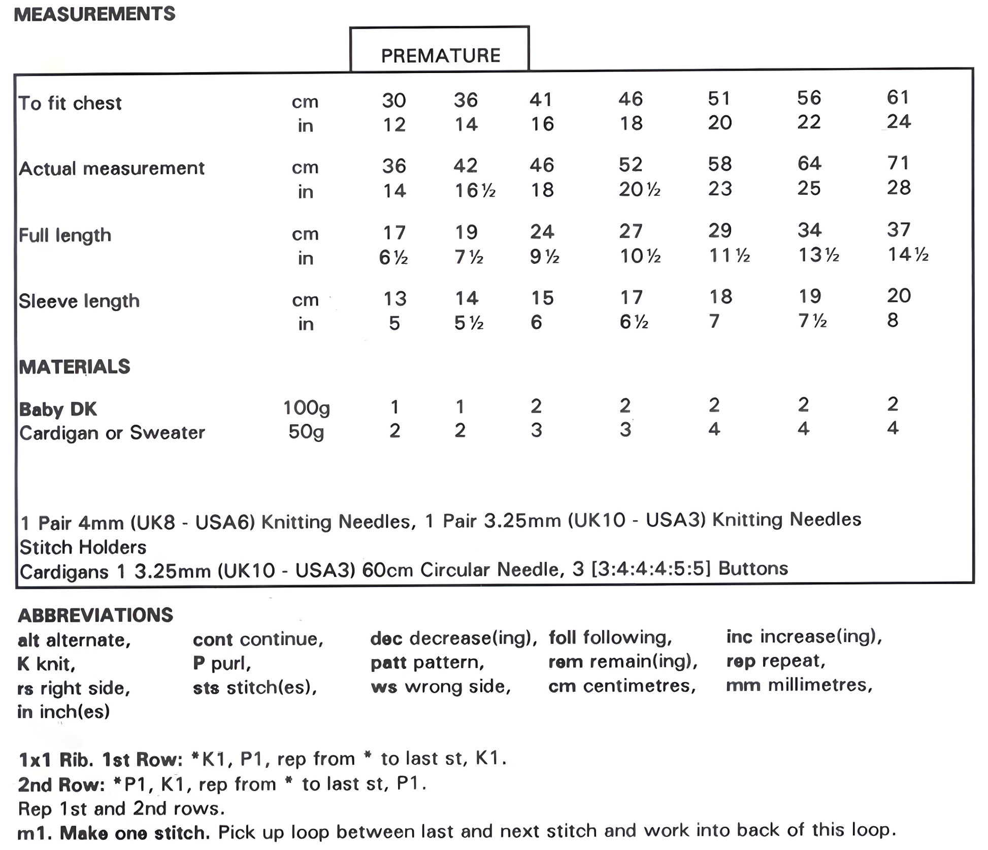 Materials, yarn requirements and measurements for vintage 1980s baby child cardigans and sweater knitting pattern