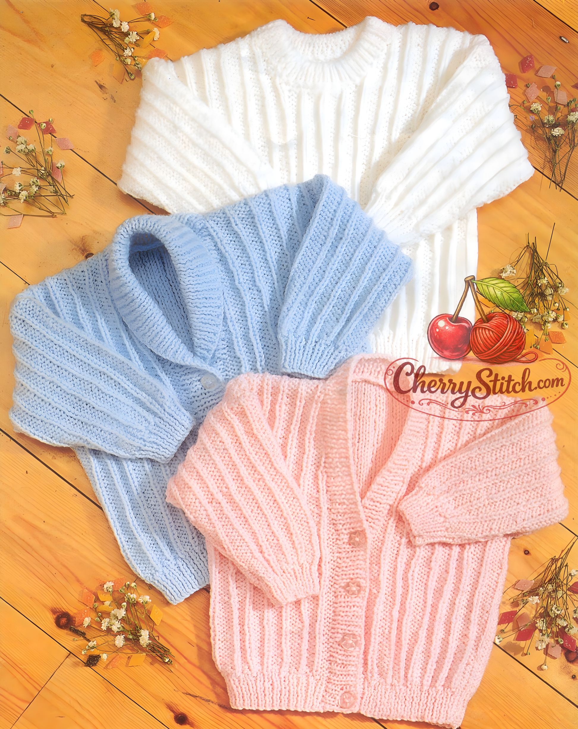 Vintage 1980s baby and child cardigans and sweater knitting pattern – shawl collar, V-neck and sweater in 7 sizes