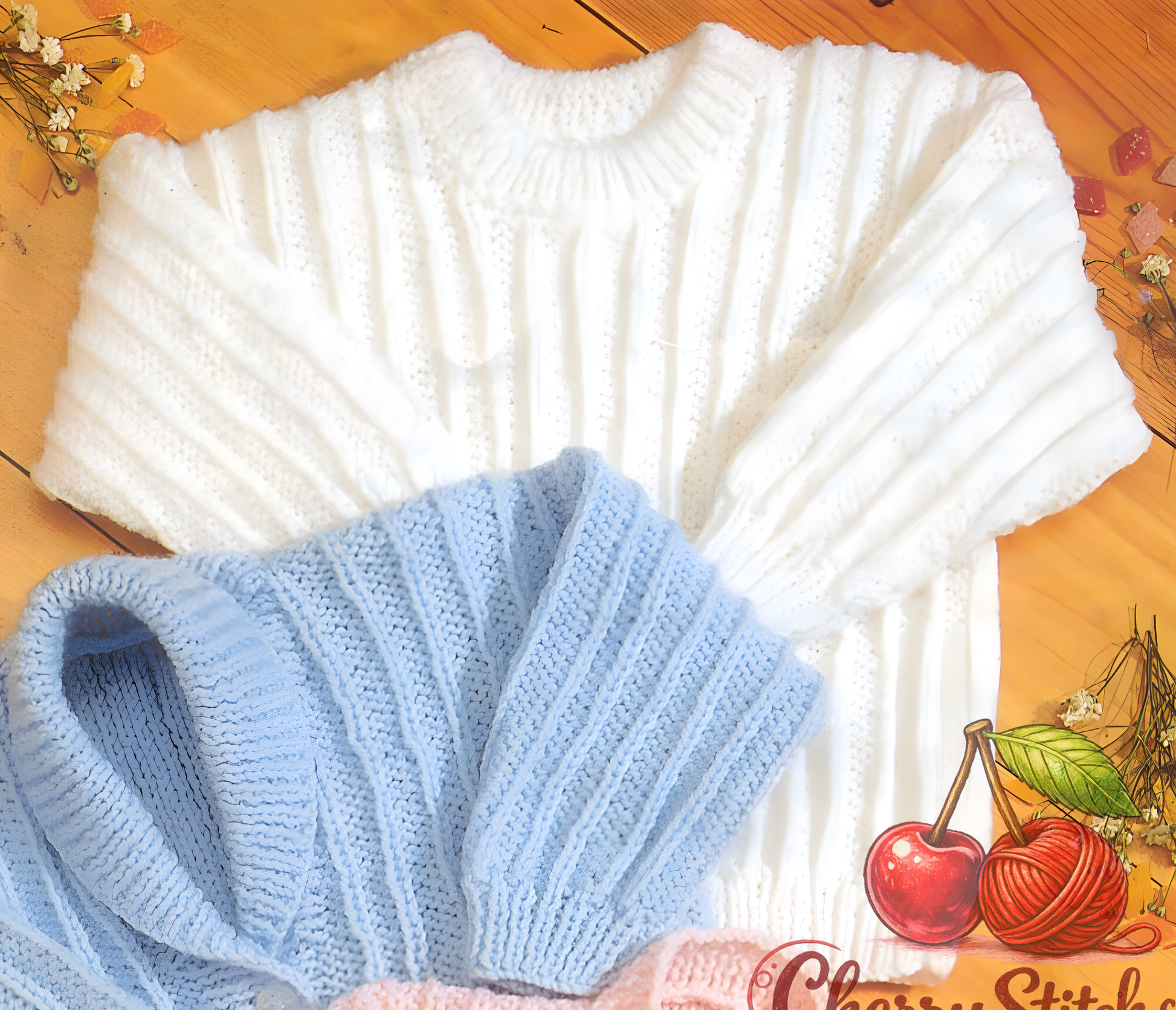 Close-up of knitted baby and child sweater – restored vintage 1980s pattern in 7 sizes premature to 4 years