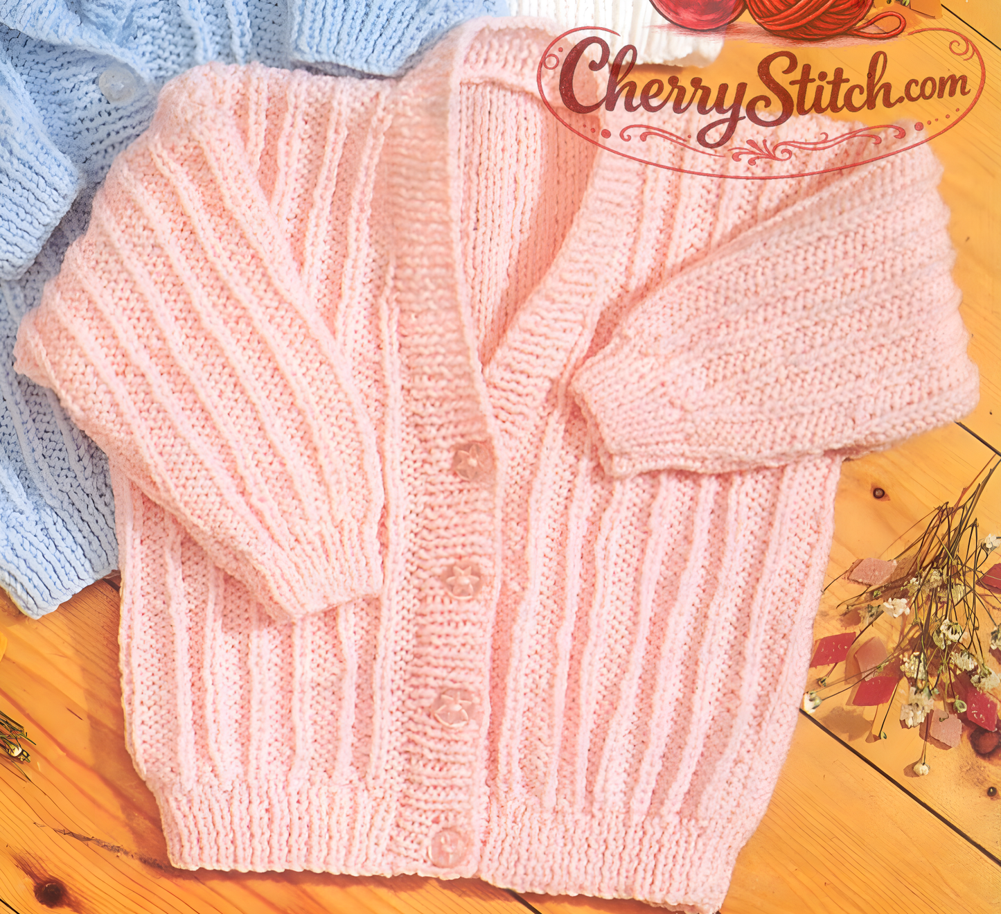 Close-up of knitted baby and child pink V-neck cardigan – restored vintage 1980s pattern