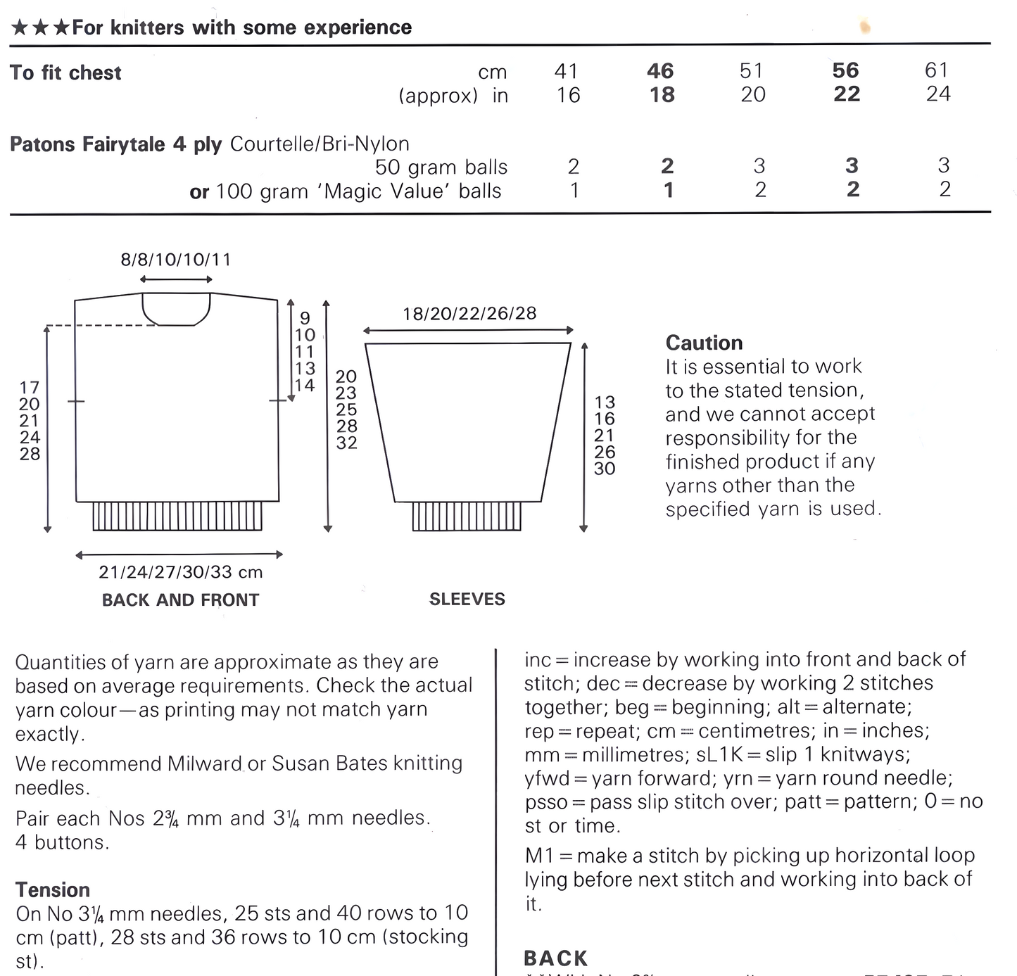 Materials, tension, yarn requirements and measurements for vintage 1980s baby child garter and eyelet stitch sweater knitting pattern – 4-ply, 5 sizes birth–4 years