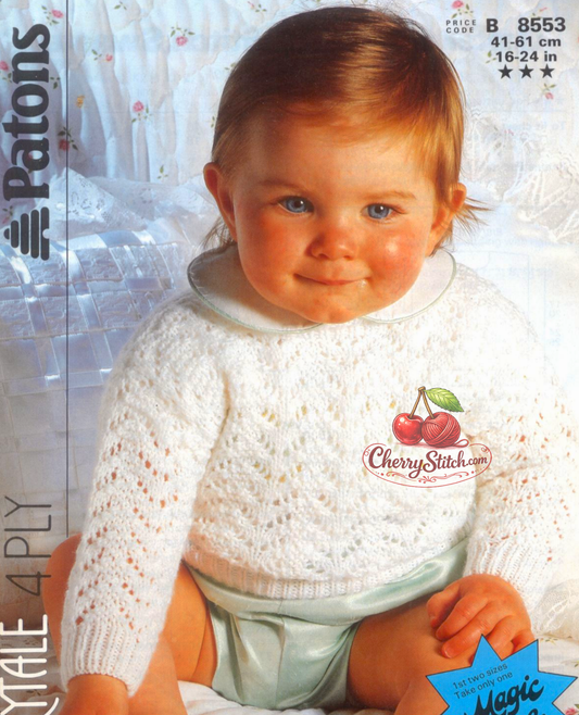 Baby child garter and eyelet stitch sweater – restored vintage 1980s knitting pattern, crew neck drop shoulder with ribbed cuffs, 4-ply, 16''–24'', birth–4 years