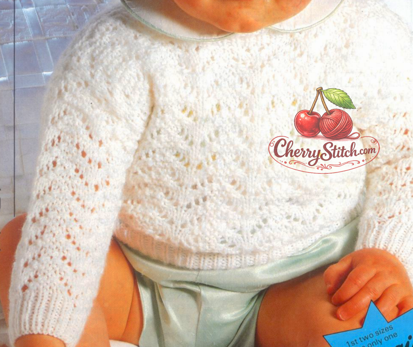 Close-up of garter and eyelet stitch detail – restored vintage 1980s baby child crew neck sweater knitting pattern in 4-ply