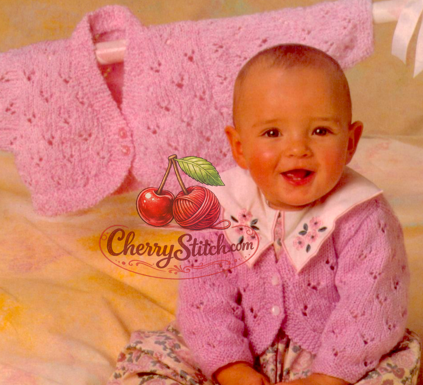 Close-up of baby girl's bolero cardigan all-over eyelet lace – vintage 1980s knitting pattern DK