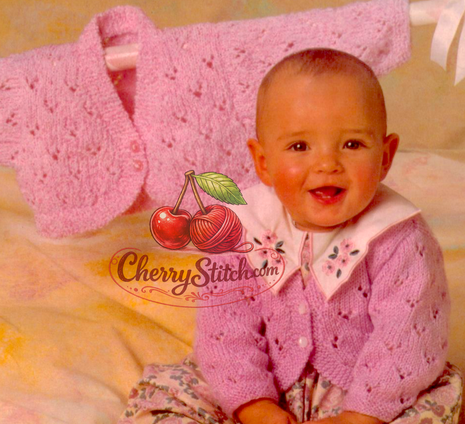 Close-up of baby girl's bolero cardigan all-over eyelet lace – vintage 1980s knitting pattern DK