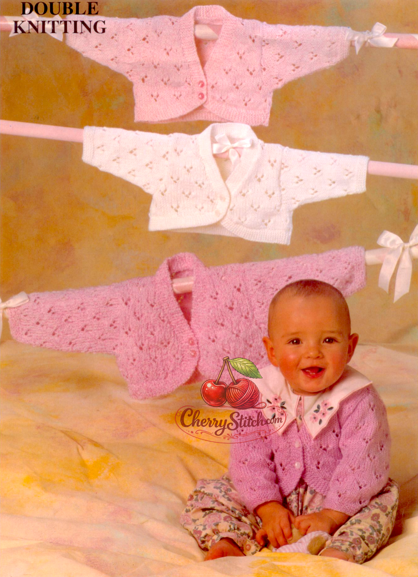 Baby & child girl's bolero cardigan vintage knitting pattern 1980s – all-over eyelet lace DK 5 sizes