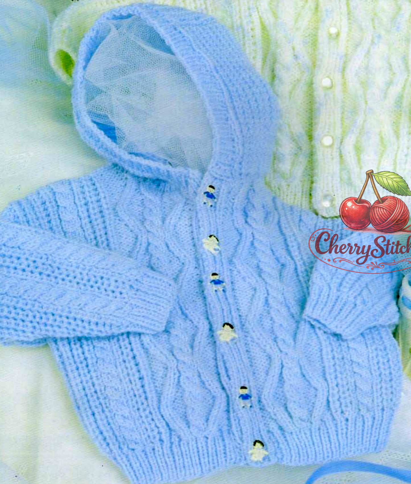 Close-up of blue baby hooded jacket – vintage 1980s Aran-style cable twist knitting pattern DK