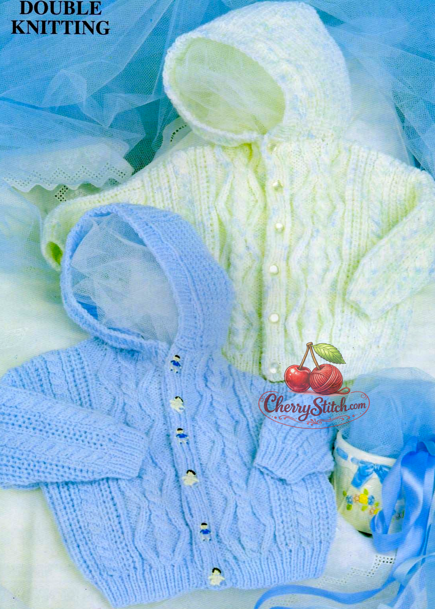 Baby child hooded jacket vintage knitting pattern 1980s – Aran-style cable twist knit below DK 4 sizes