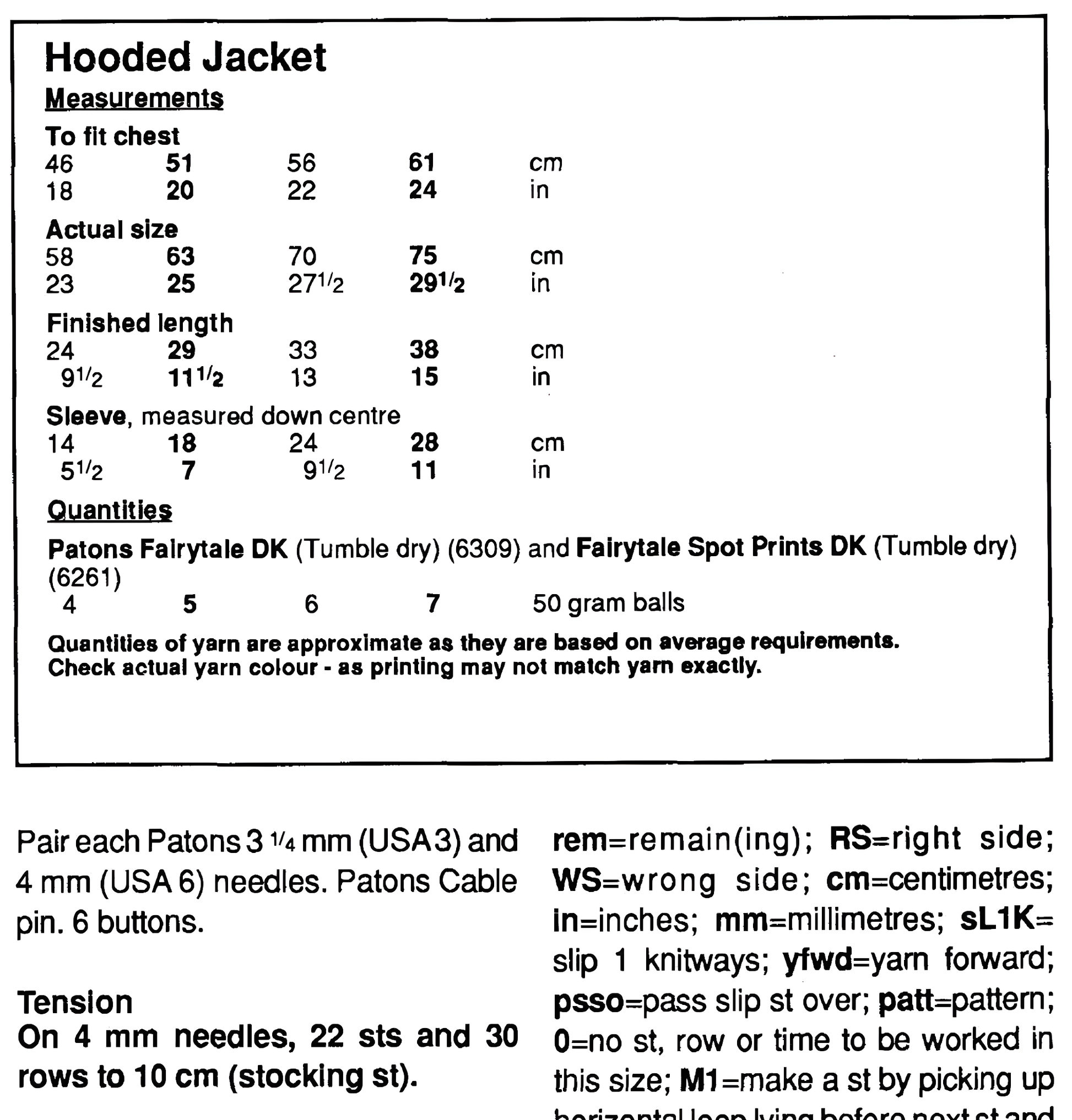 Materials and measurements for baby child hooded jacket vintage 1980s knitting pattern – DK, 6 months to 4 years