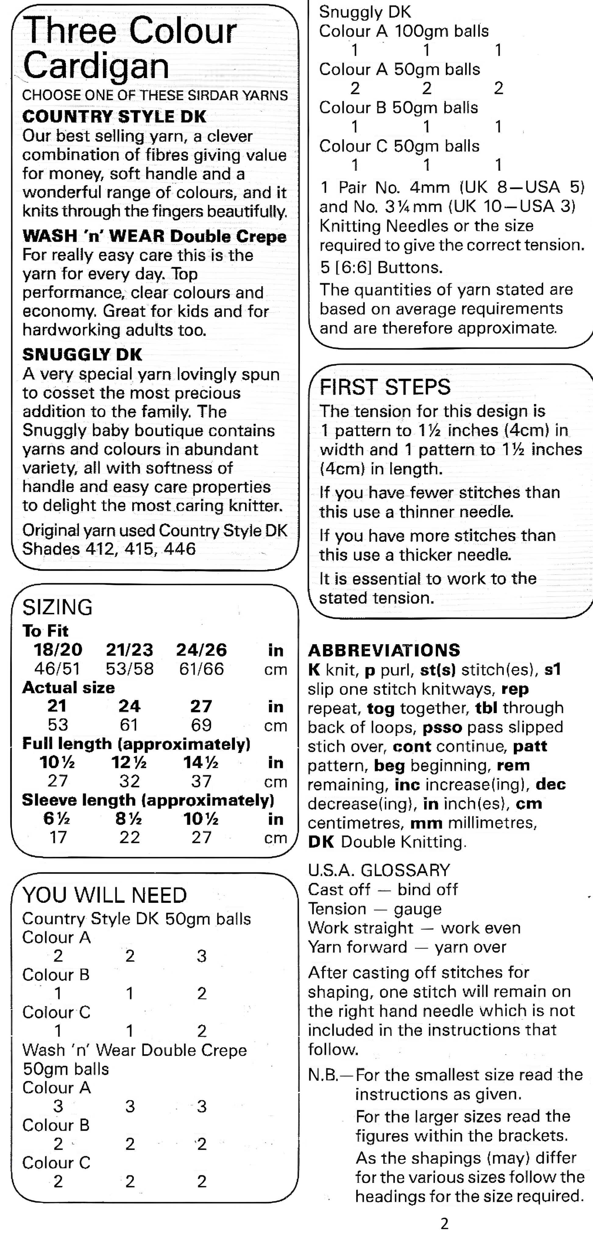 Materials, yarn requirements and measurements for vintage 1980s baby child three colour entrelac cardigan knitting pattern