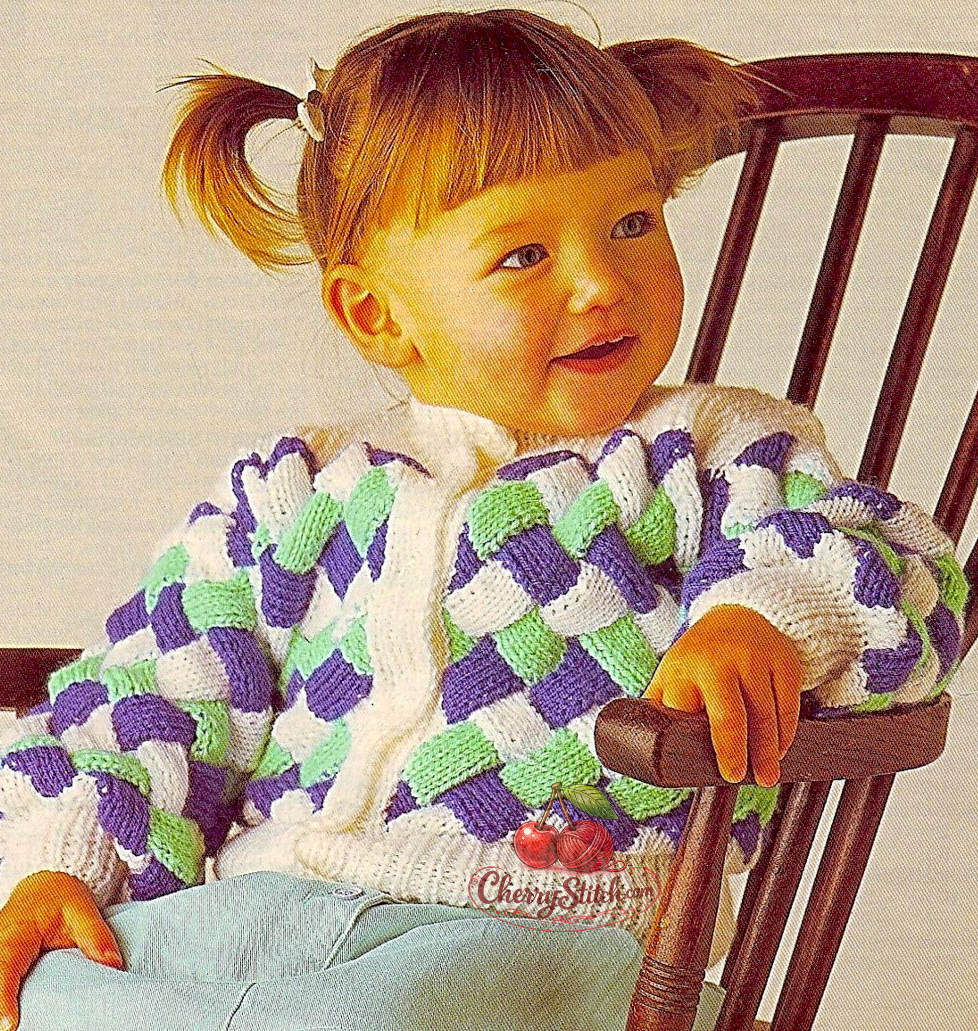 Baby child three colour entrelac cardigan – restored vintage 1980s knitting pattern with plain rib yoke in DK, 3 sizes 18''–26'', 6 months–6 years