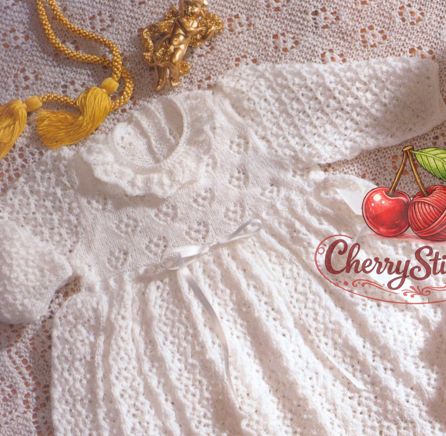 Close-up of lace bodice detail – restored vintage 1990s baby christening robe, shawl, bootees, bonnet knitting pattern