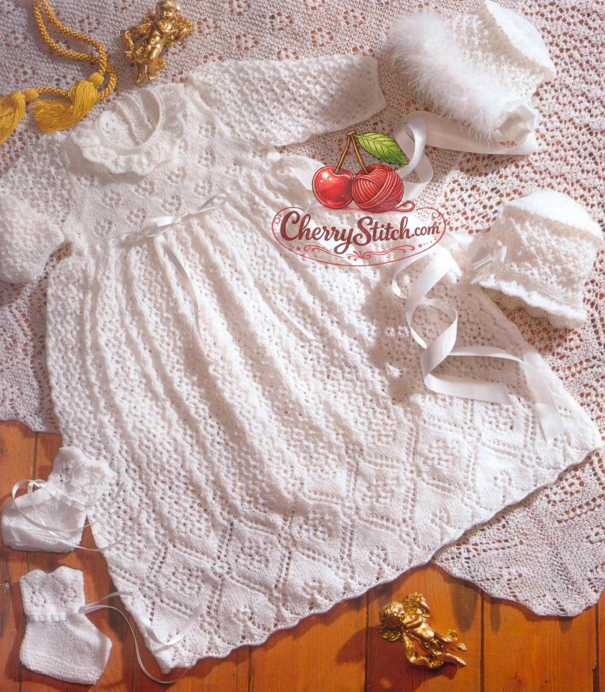 Vintage 1990s baby christening lace knitting pattern – robe, shawl, bonnet and bootees in 2-ply lace