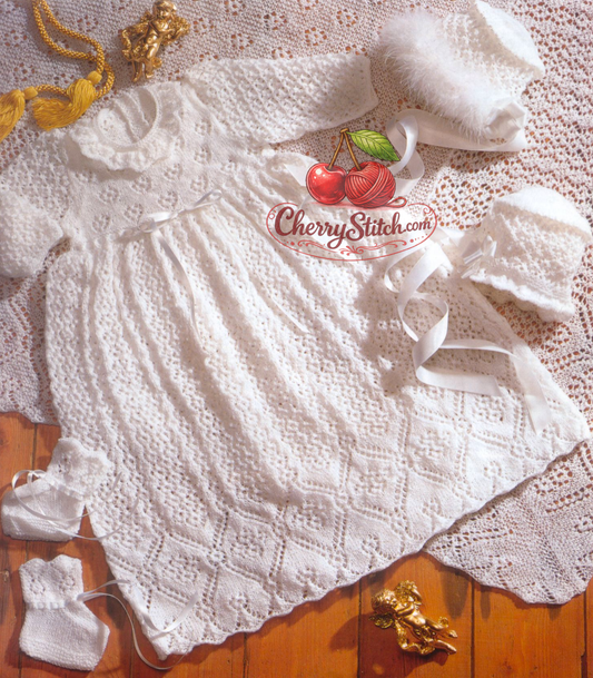 Vintage 1990s baby christening lace knitting pattern – robe, shawl, bonnet and bootees in 2-ply lace