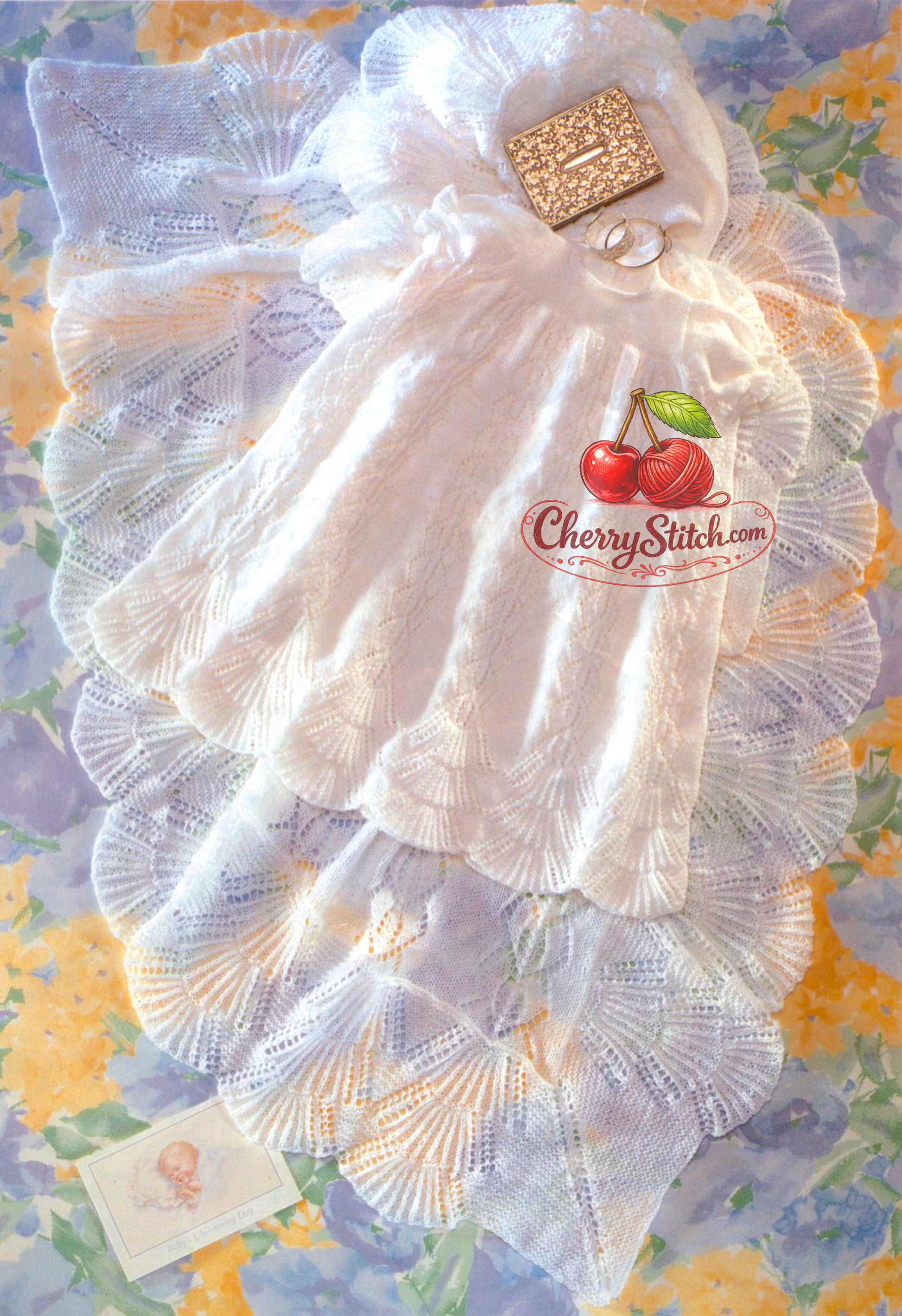 Baby christening robe and shawl vintage knitting pattern 1990s – heirloom lace panel scalloped hem 3-ply matching set