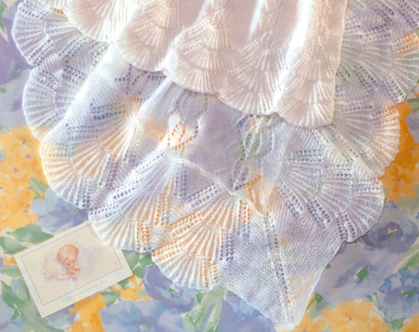 Close-up of baby christening shawl feathery scalloped lace edge – vintage 1990s knitting pattern 3-ply
