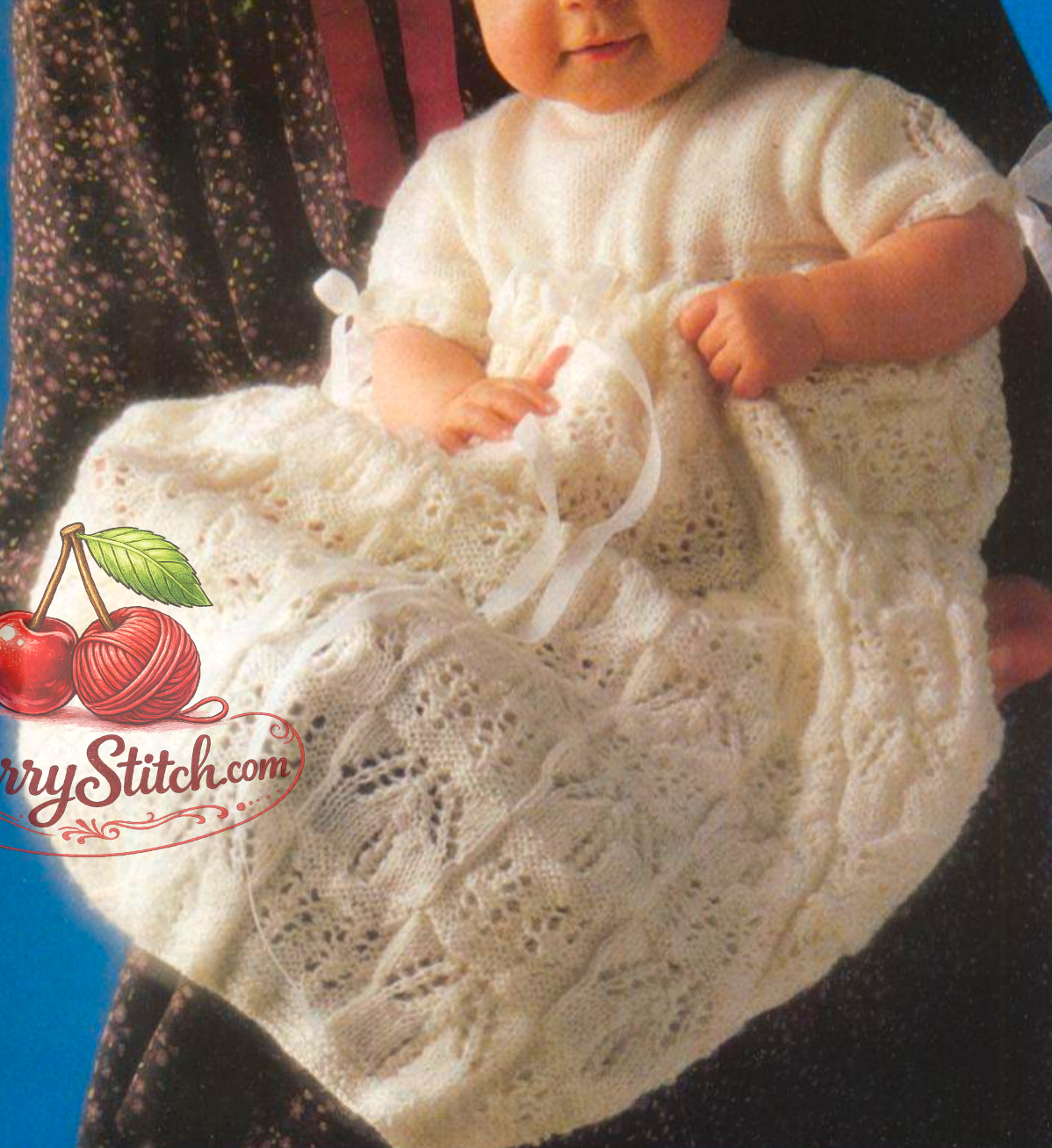 Close-up of lacy skirt detail on vintage 1980s baby christening robe knitting pattern