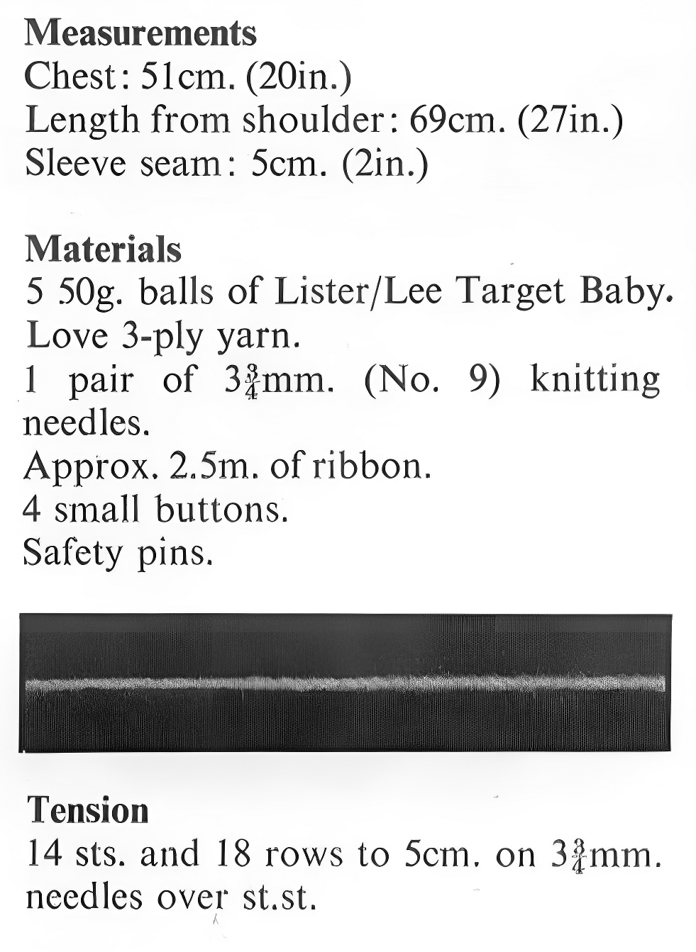 Materials, yarn requirements, tension and measurements for vintage 1980s baby christening robe knitting pattern