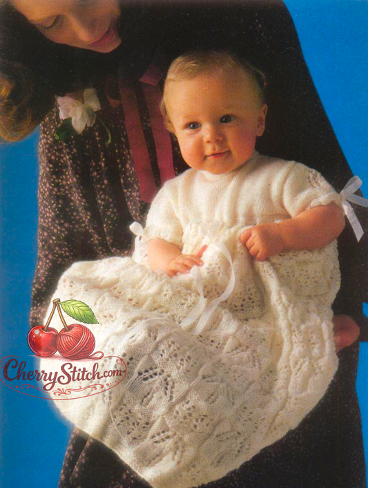Baby christening robe – restored vintage 1980s knitting pattern with lacy skirt and short sleeves in 3-ply, 20''