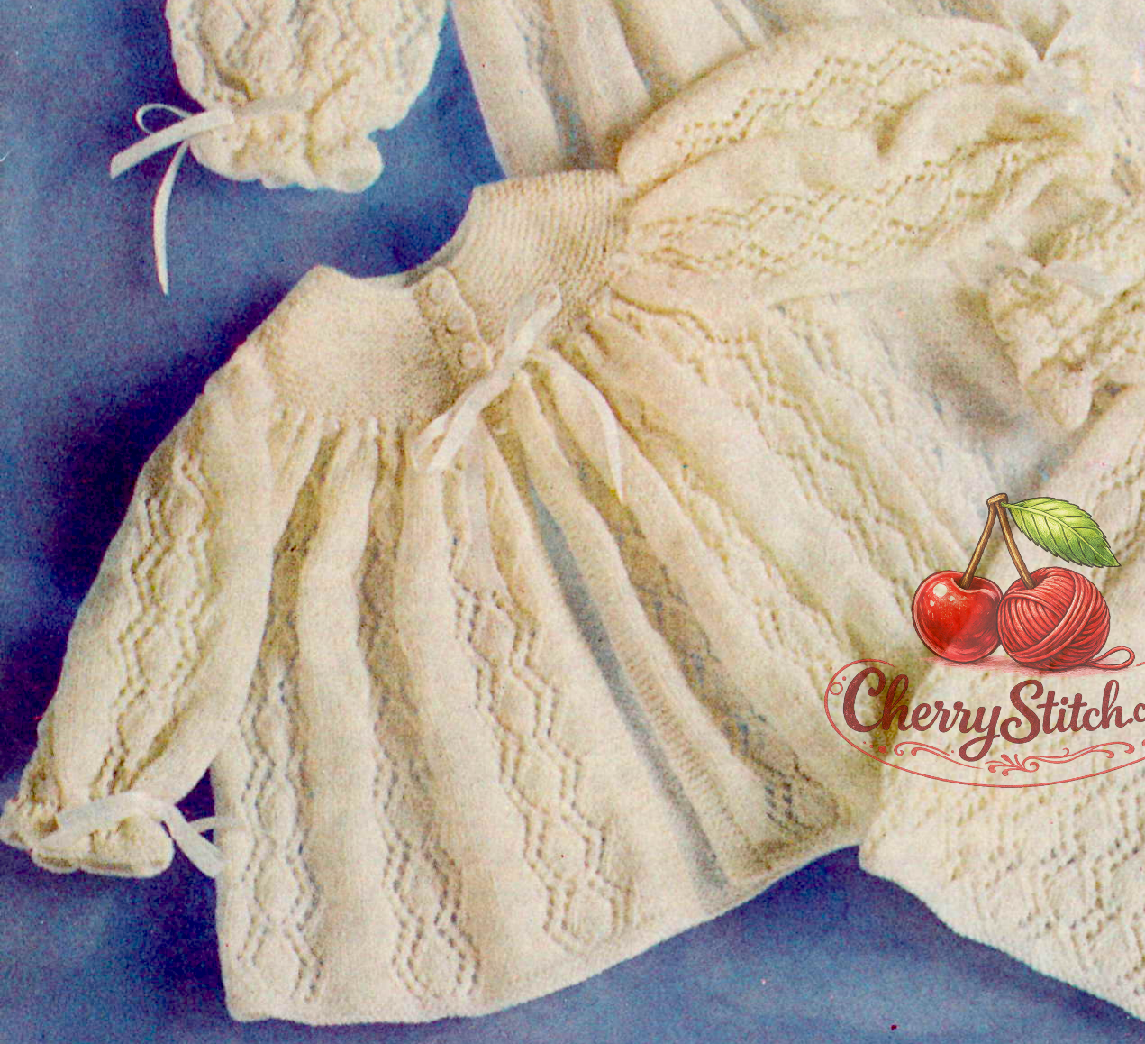 Close-up of lacy matinee coat with ribbon-trimmed yoke and sleeves – restored vintage 1960s baby christening set knitting pattern