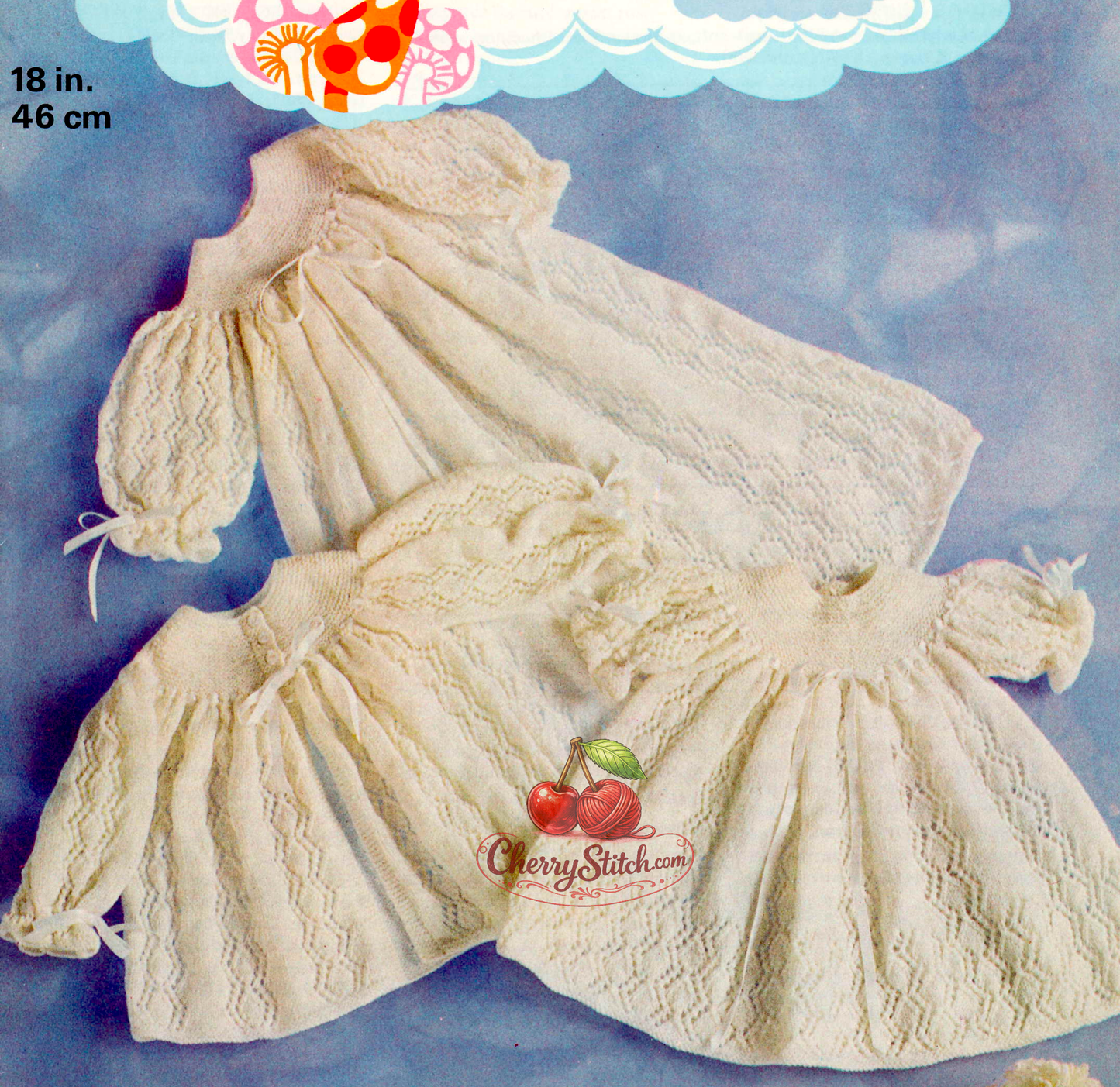 Baby christening set – restored vintage 1960s knitting pattern with ribbon-trimmed lacy matinee coat and matching dress in 3-ply, 18''