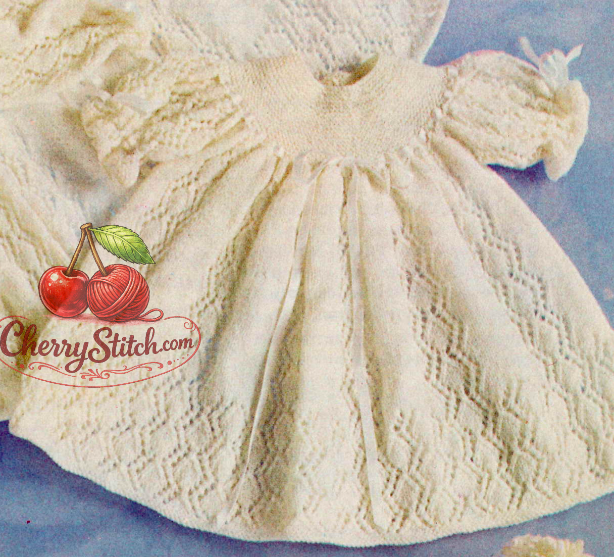 Close-up of short dress with ribbon-trimmed lacy yoke – restored vintage 1960s baby christening set knitting pattern
