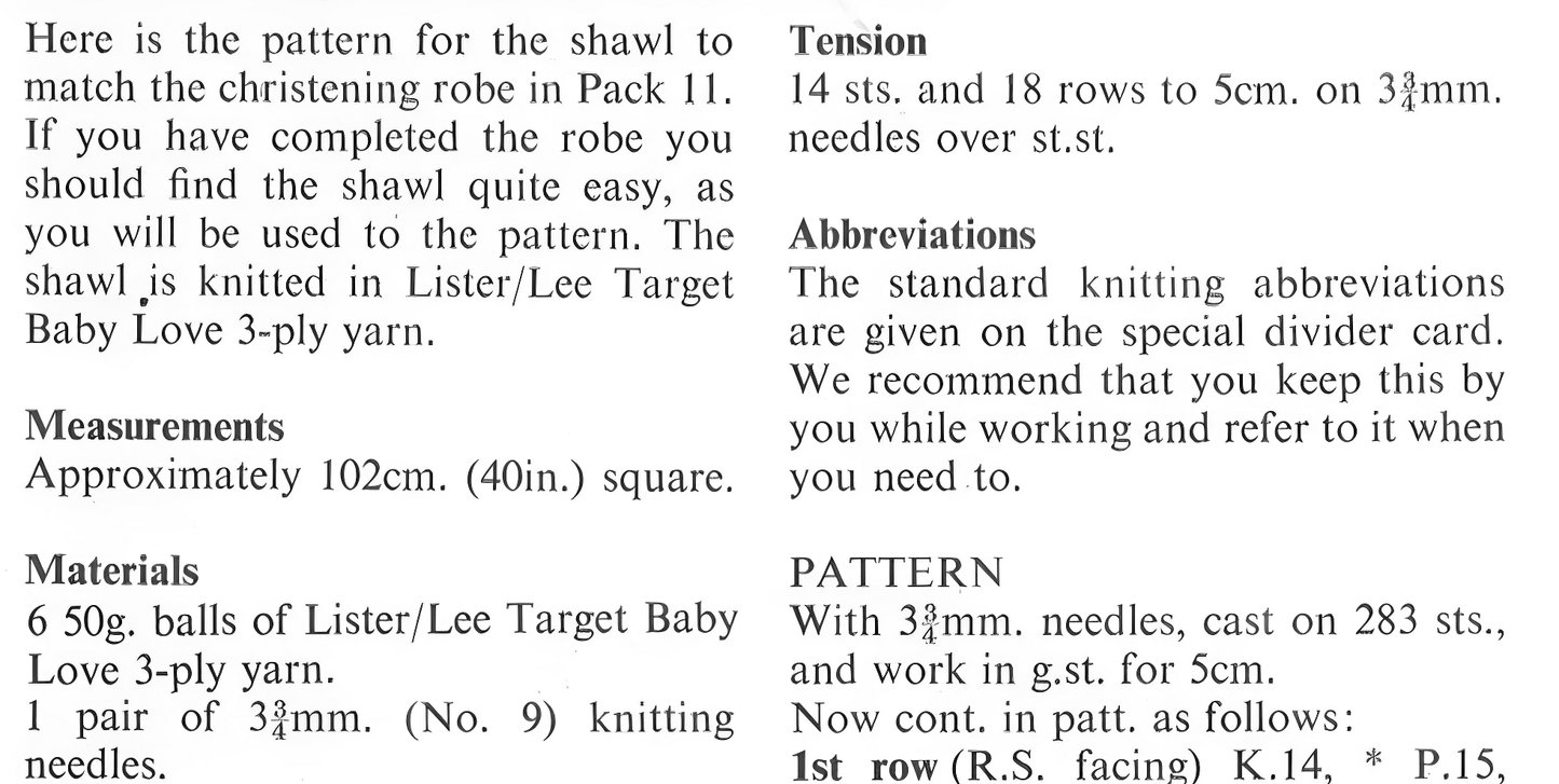 Materials, tension and yarn requirements for vintage 1980s baby christening shawl knitting pattern