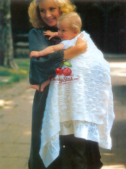 Baby christening shawl – restored vintage 1980s knitting pattern with delicate lace design in 3-ply, 40'' square
