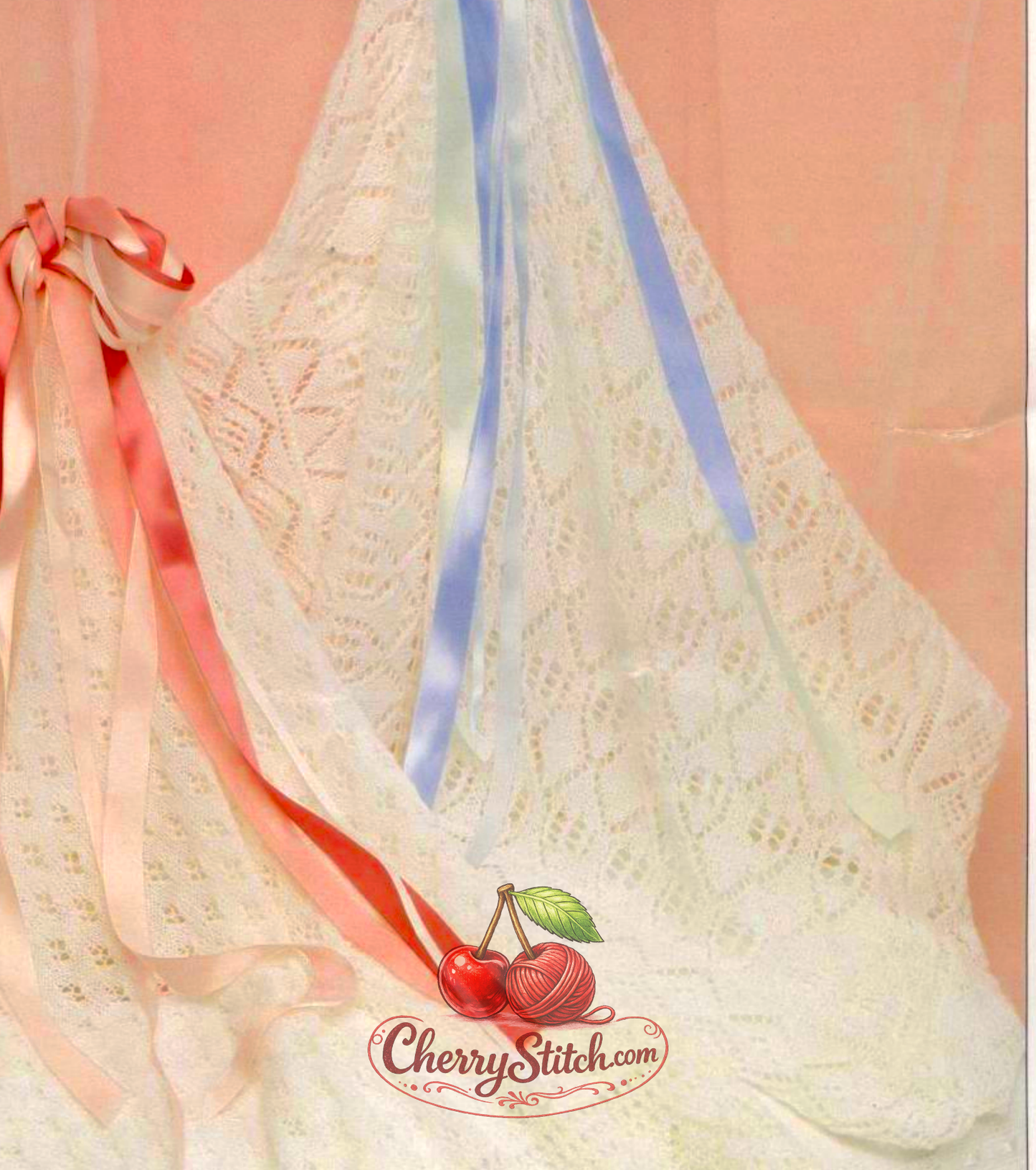 Close-up of chevron lace baby christening shawl – vintage 1980s knitting pattern 2-ply