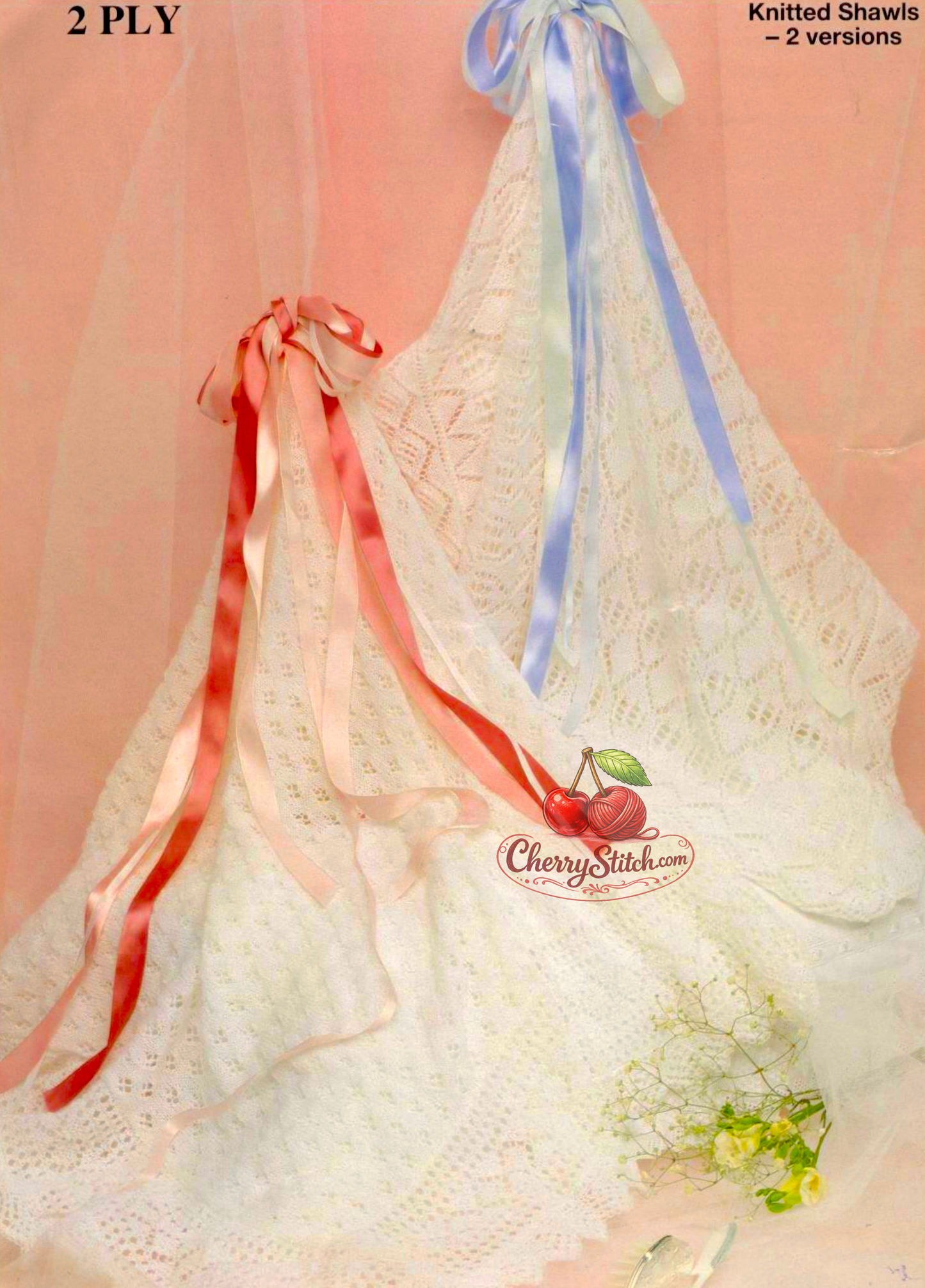 Baby christening shawls vintage knitting pattern 1980s – chevron lace and eyelet lace two versions 2-ply