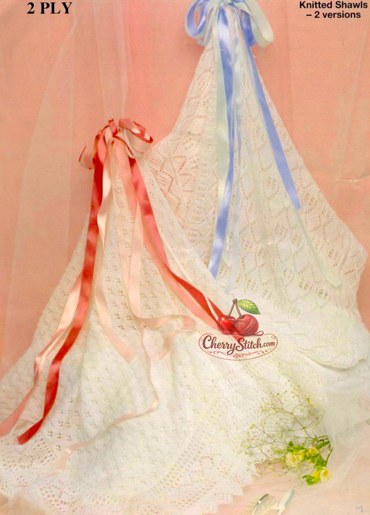 Baby christening shawls vintage knitting pattern 1980s – chevron lace and eyelet lace two versions 2-ply