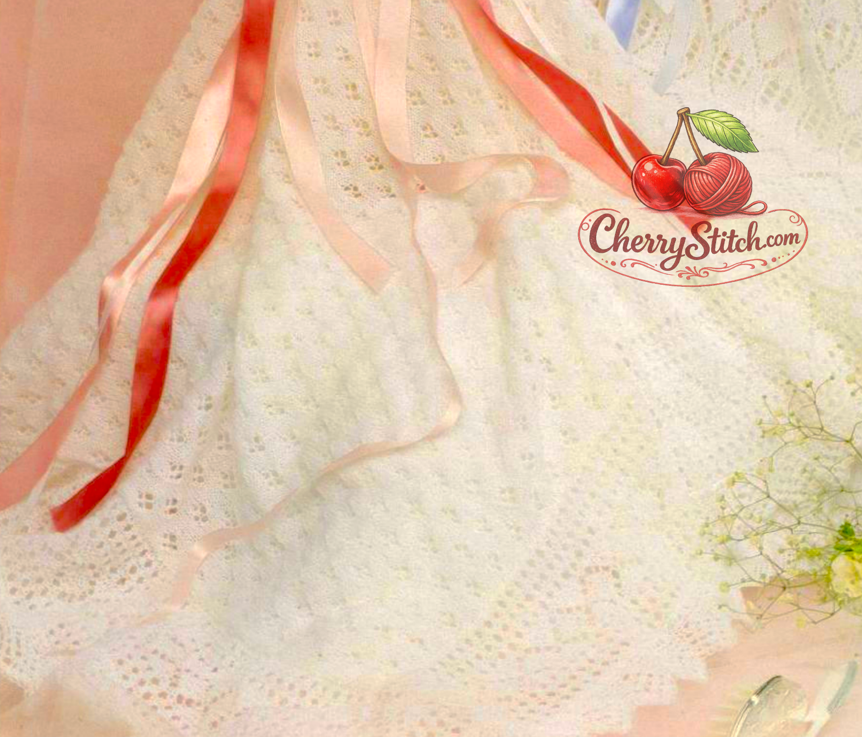 Close-up of eyelet lace baby christening shawl – vintage 1980s knitting pattern 2-ply